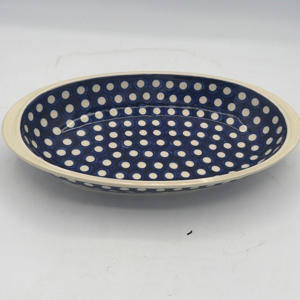 Boleslawiec Polish Pottery Oval Baking Dish Serving Platter Blue White Polka Dot